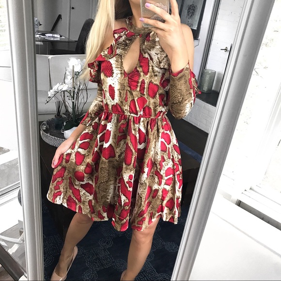 🆕 RED TAN SNAKE PRINT COLD SHOULDER SATIN DRESS - Picture 2 of 10